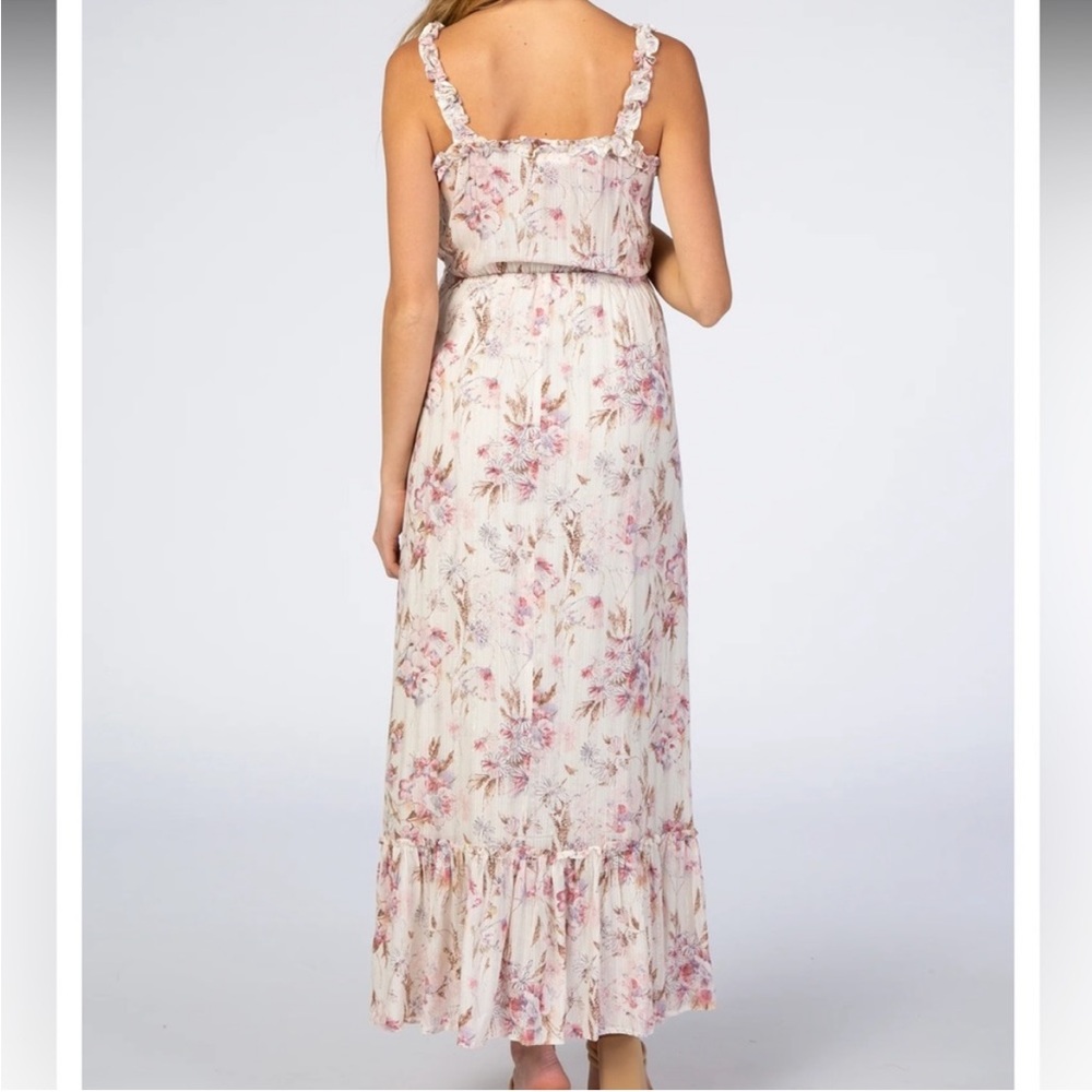 Pinkblush Cream Floral Shimmer Lace-Up Maternity Maxi Dress - Picture 4 of 4